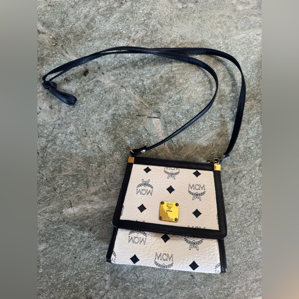 MCM White Monogram Crossbody with Black Trim and Gold Plate